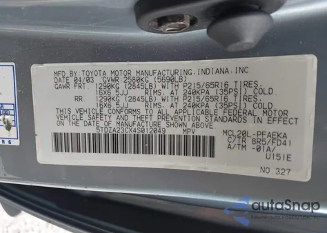 2004 Toyota Sienna Ce z USA, uszkodzony, nr VIN 5TDZA23CX4S012049